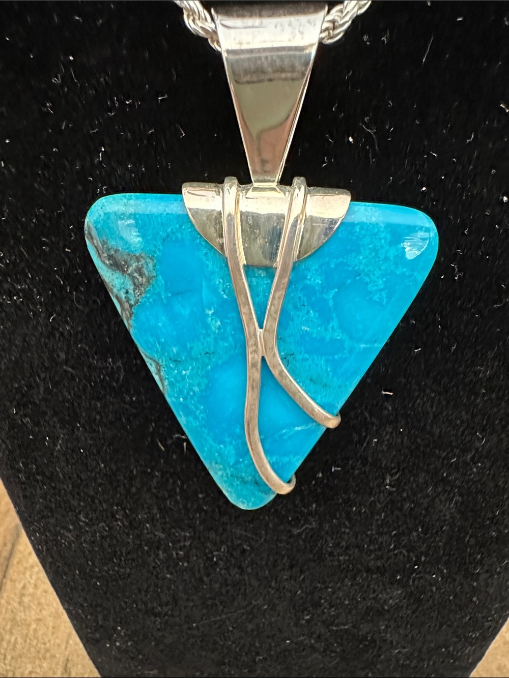 Turquoise Triangle Silver Pendant Vibrant Blue Stone - Picture 2 of 2